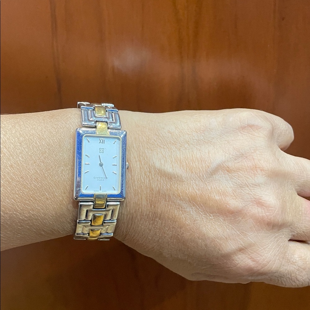 GIVENCHY Gold Silver Combination Swiss White Dial Rectangular Watch